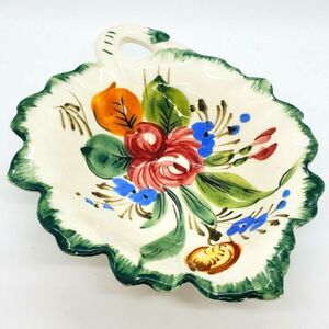 Italian Hand Painted Vtg Pottery Floral Leaf Ceramic Trinket, Candy, or Nut Dish